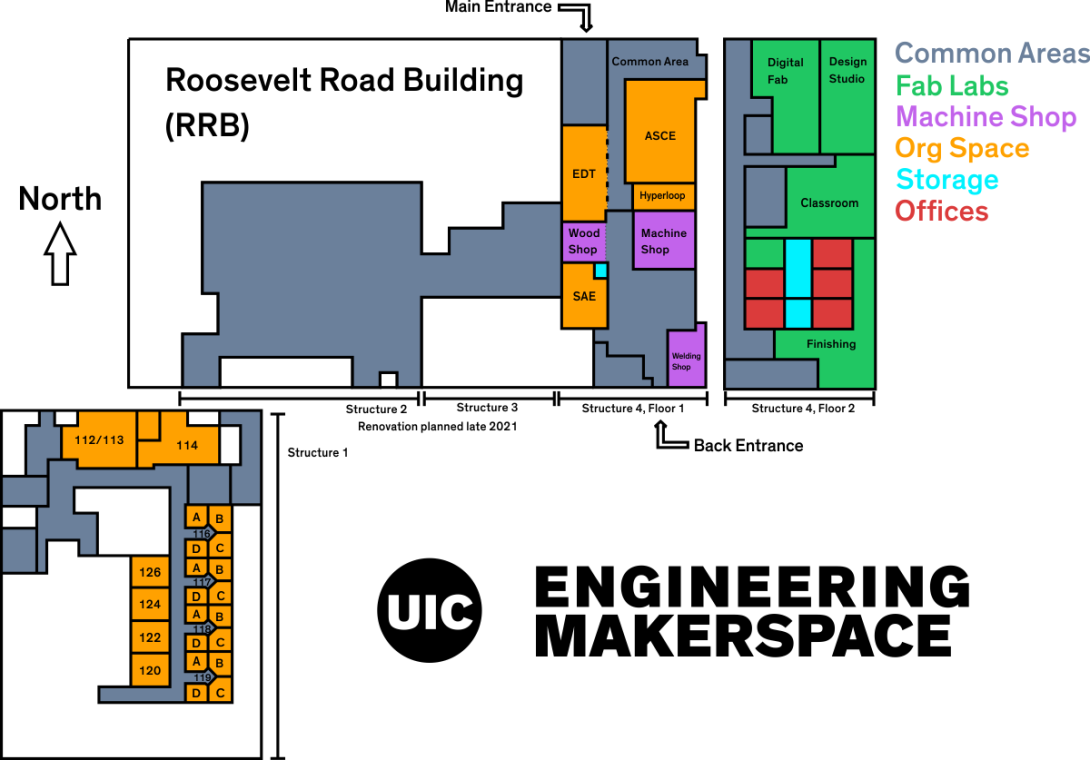 A map of the Makerspace areas in the Roosevelt Road Building showing locations of fabrication labs, student orginization areas, and future expansions