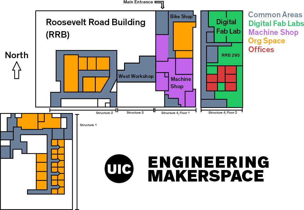 A map of the Makerspace areas in the Roosevelt Road Building showing locations of fabrication labs and student orginization areas